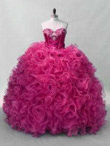 Ideal Hot Pink Lace Up Sweetheart Ruffles and Sequins 15th Birthday Dress Organza Sleeveless