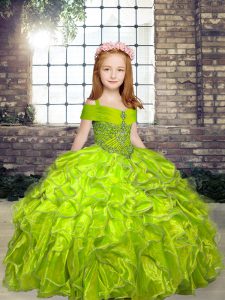 Customized Straps Sleeveless Lace Up Winning Pageant Gowns Olive Green Organza