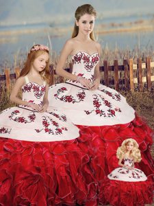 Delicate Floor Length Lace Up Quinceanera Gowns White And Red for Military Ball and Sweet 16 and Quinceanera with Embroidery and Ruffles and Bowknot