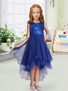 Royal Blue Sleeveless Sequins and Bowknot High Low Little Girl Pageant Gowns