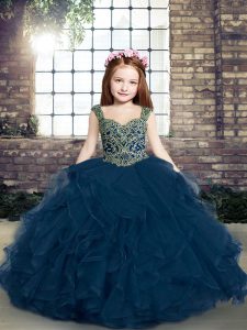 Blue Sleeveless Beading and Ruffles Lace Up Girls Pageant Dresses