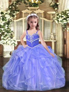 Lavender Organza Lace Up Straps Sleeveless Floor Length Little Girl Pageant Dress Beading and Ruffles