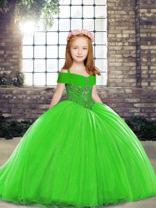 Green Ball Gowns Tulle Straps Sleeveless Beading Lace Up Girls Pageant Dresses Brush Train