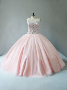 Custom Fit Peach Lace Up Vestidos de Quinceanera Beading Sleeveless Floor Length