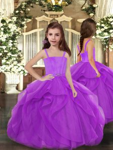 Hot Sale Floor Length Purple Kids Pageant Dress Straps Sleeveless Lace Up