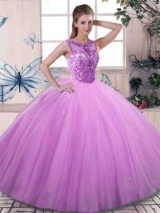 Floor Length Lilac Quince Ball Gowns Tulle Sleeveless Beading