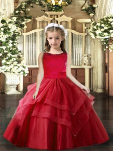 Floor Length Ball Gowns Sleeveless Red Girls Pageant Dresses Lace Up