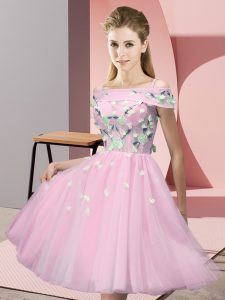 Baby Pink Short Sleeves Knee Length Appliques Lace Up Quinceanera Court of Honor Dress