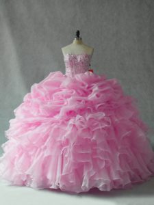 Baby Pink Ball Gowns Organza Strapless Sleeveless Beading and Ruffles and Pick Ups Lace Up Sweet 16 Dress Brush Train