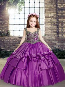 Elegant Purple Girls Pageant Dresses Party and Military Ball and Wedding Party with Beading Straps Sleeveless Lace Up