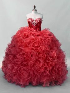 Sexy Sequins Sweet 16 Dresses Red Lace Up Sleeveless Floor Length