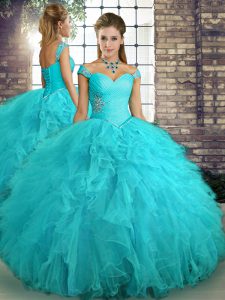 Decent Floor Length Lace Up Sweet 16 Quinceanera Dress Aqua Blue for Military Ball and Sweet 16 and Quinceanera with Beading and Ruffles