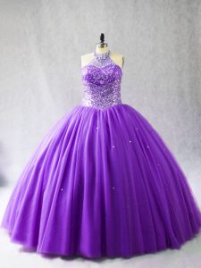 Halter Top Sleeveless 15th Birthday Dress Floor Length Beading Purple Tulle