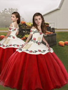 Red Lace Up Little Girl Pageant Dress Embroidery Sleeveless Floor Length