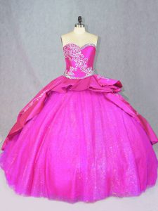 Flirting Lace Up Vestidos de Quinceanera Hot Pink for Sweet 16 and Quinceanera with Beading and Embroidery Court Train