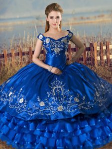 Super Royal Blue Lace Up Sweet 16 Dress Embroidery and Ruffled Layers Sleeveless Floor Length