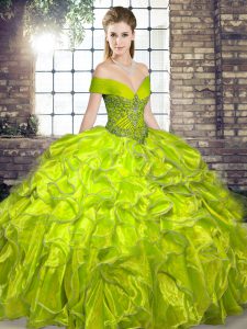 Olive Green Quinceanera Gown Military Ball and Sweet 16 and Quinceanera with Beading and Ruffles Off The Shoulder Sleeveless Lace Up