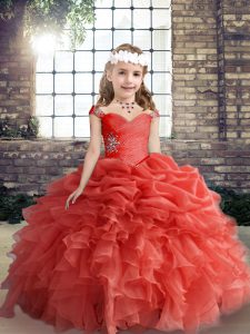 Coral Red Straps Lace Up Beading and Ruffles and Pick Ups Little Girls Pageant Dress Sleeveless