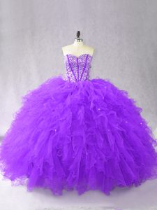 Romantic Purple Lace Up Sweetheart Beading and Ruffles Sweet 16 Dress Tulle Sleeveless