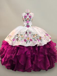 Sweet Beading and Embroidery Sweet 16 Dress Fuchsia Lace Up Sleeveless Floor Length