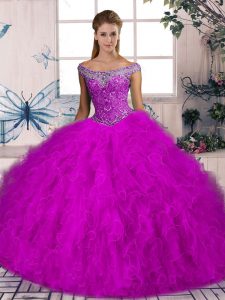 Fuchsia Ball Gowns Tulle Off The Shoulder Sleeveless Beading and Ruffles Lace Up 15th Birthday Dress Brush Train