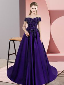 Purple Sweet 16 Dresses Sweet 16 and Quinceanera with Lace Off The Shoulder Sleeveless Court Train Zipper