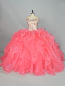 Fitting Watermelon Red Lace Up Quinceanera Dress Beading and Ruffles Sleeveless Floor Length