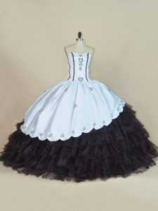 Vintage Floor Length White And Black Sweet 16 Dress Satin and Organza Sleeveless Embroidery and Ruffled Layers