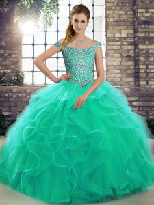 Sleeveless Beading and Ruffles Lace Up 15th Birthday Dress with Turquoise Brush Train