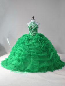 Green Ball Gowns Beading and Pick Ups Sweet 16 Dresses Lace Up Tulle Sleeveless