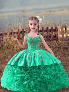 Latest Sleeveless Embroidery Lace Up Little Girl Pageant Dress with Turquoise Sweep Train