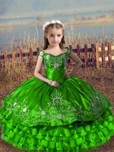 Off The Shoulder Sleeveless Lace Up Little Girls Pageant Dress Green Satin and Organza
