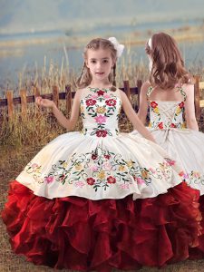 Top Selling Floor Length Lace Up Pageant Gowns For Girls White And Red for Wedding Party with Embroidery and Ruffles