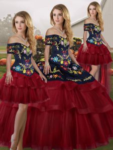 Wine Red Sweet 16 Dress Tulle Brush Train Sleeveless Embroidery and Ruffled Layers