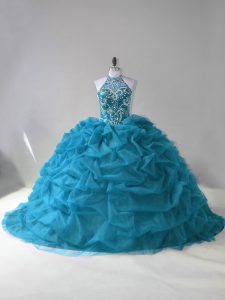 Teal Sleeveless Beading and Pick Ups Quinceanera Gown