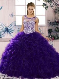 Beauteous Purple Organza Lace Up Scoop Sleeveless Floor Length Quince Ball Gowns Beading and Ruffles