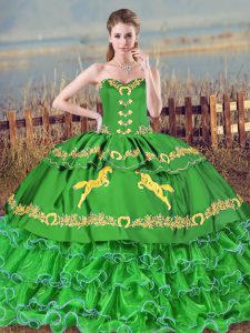 Most Popular Green Ball Gowns Sweetheart Sleeveless Organza Brush Train Lace Up Embroidery and Ruffled Layers 15th Birthday Dress