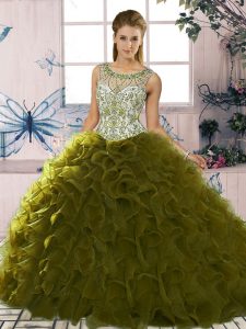 Captivating Scoop Sleeveless Lace Up Sweet 16 Quinceanera Dress Olive Green Organza