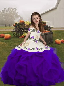 Organza Straps Sleeveless Lace Up Embroidery and Ruffles Kids Formal Wear in Purple