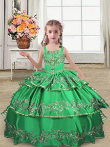 Custom Designed Satin Sleeveless Floor Length Little Girl Pageant Dress and Embroidery and Ruffled Layers