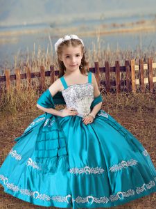 Teal Sleeveless Floor Length Beading and Embroidery Lace Up Pageant Gowns For Girls