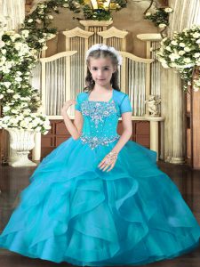 Tulle Straps Sleeveless Lace Up Beading and Ruffles Little Girls Pageant Dress in Aqua Blue