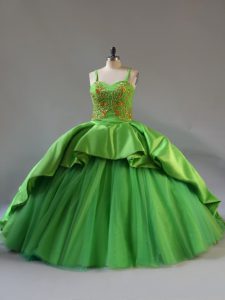 Green Ball Gown Prom Dress Sweet 16 and Quinceanera with Beading and Embroidery and Pick Ups Straps Sleeveless Court Train Lace Up