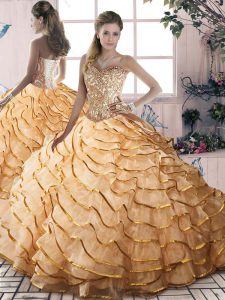 Organza Sweetheart Sleeveless Brush Train Lace Up Beading and Ruffled Layers Quinceanera Dresses in Gold