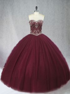 Burgundy Sleeveless Floor Length Beading Lace Up Quinceanera Gowns