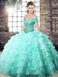 Dazzling Apple Green Organza Lace Up Off The Shoulder Sleeveless Ball Gown Prom Dress Brush Train Beading and Ruffled Layers