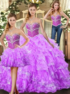 Lilac Three Pieces Beading and Ruffles Quince Ball Gowns Lace Up Organza Sleeveless Floor Length