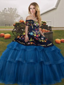 Custom Designed Blue And Black Sleeveless Tulle Brush Train Lace Up Sweet 16 Quinceanera Dress for Military Ball and Sweet 16 and Quinceanera