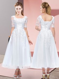 Tea Length Lace Up Court Dresses for Sweet 16 White for Wedding Party with Beading and Lace