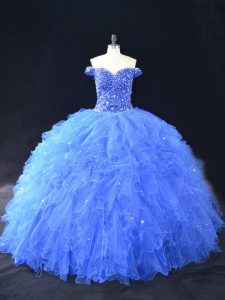 Floor Length Lace Up Vestidos de Quinceanera Blue for Sweet 16 and Quinceanera with Beading and Ruffles